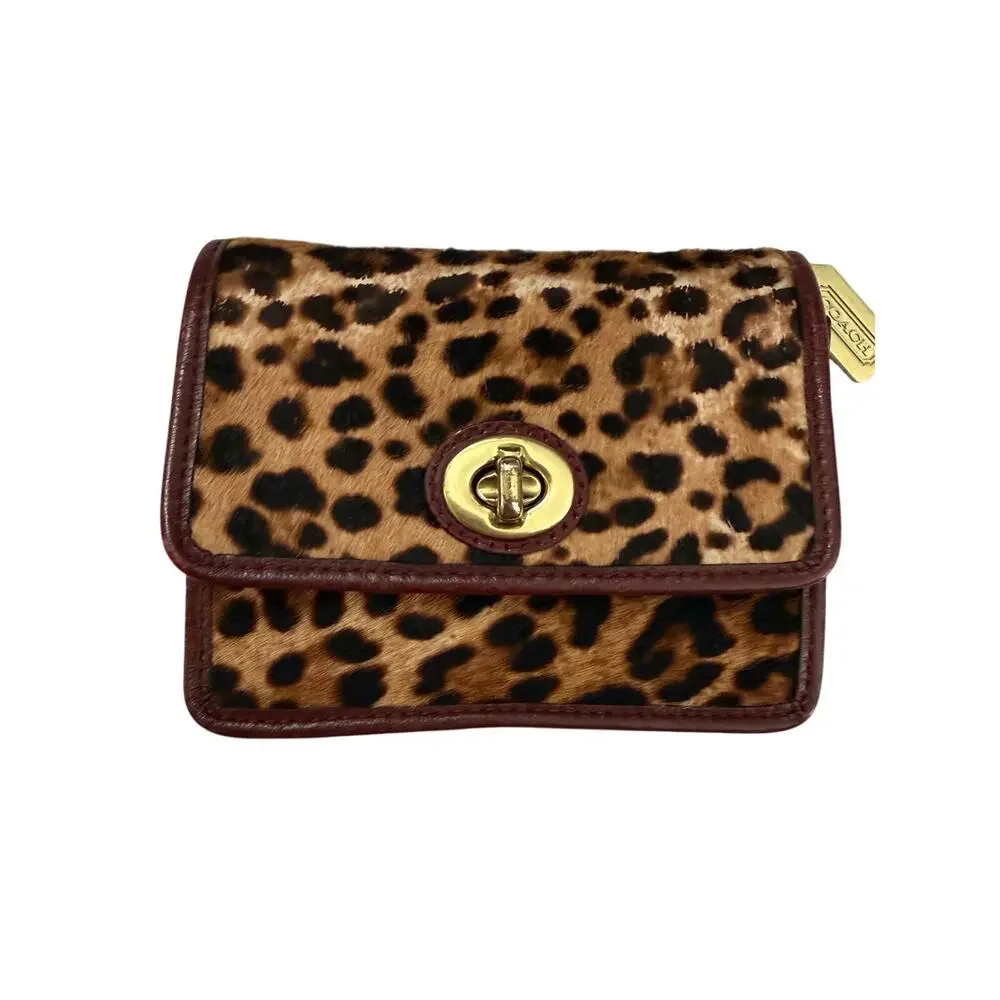 Coach Mini Pony Hair Leopard Print Turnlock Crossbody Burgundy Leather Gold Tag